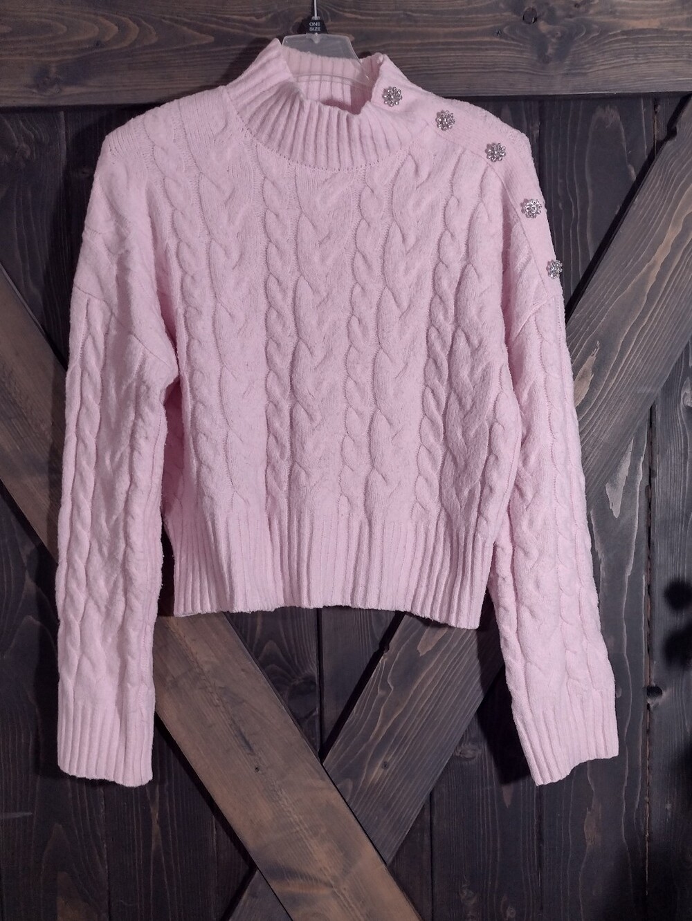 Cropped Cable-Knit Turtleneck Sweater in Pale Pink with Shoulder Buttons